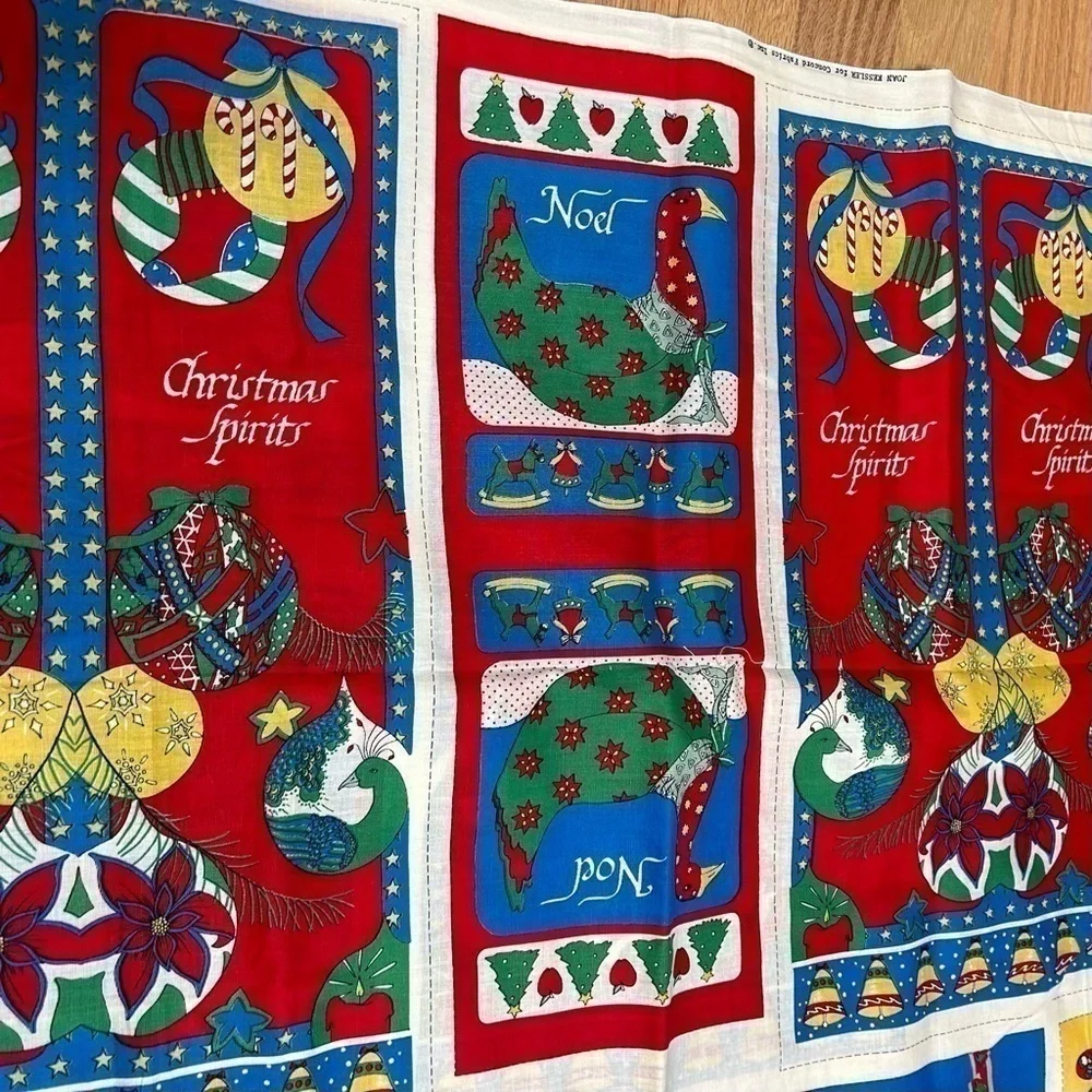 Vintage Christmas Fabric Spirits Noel Santa Claus 40”x44” Red Blue Sewing